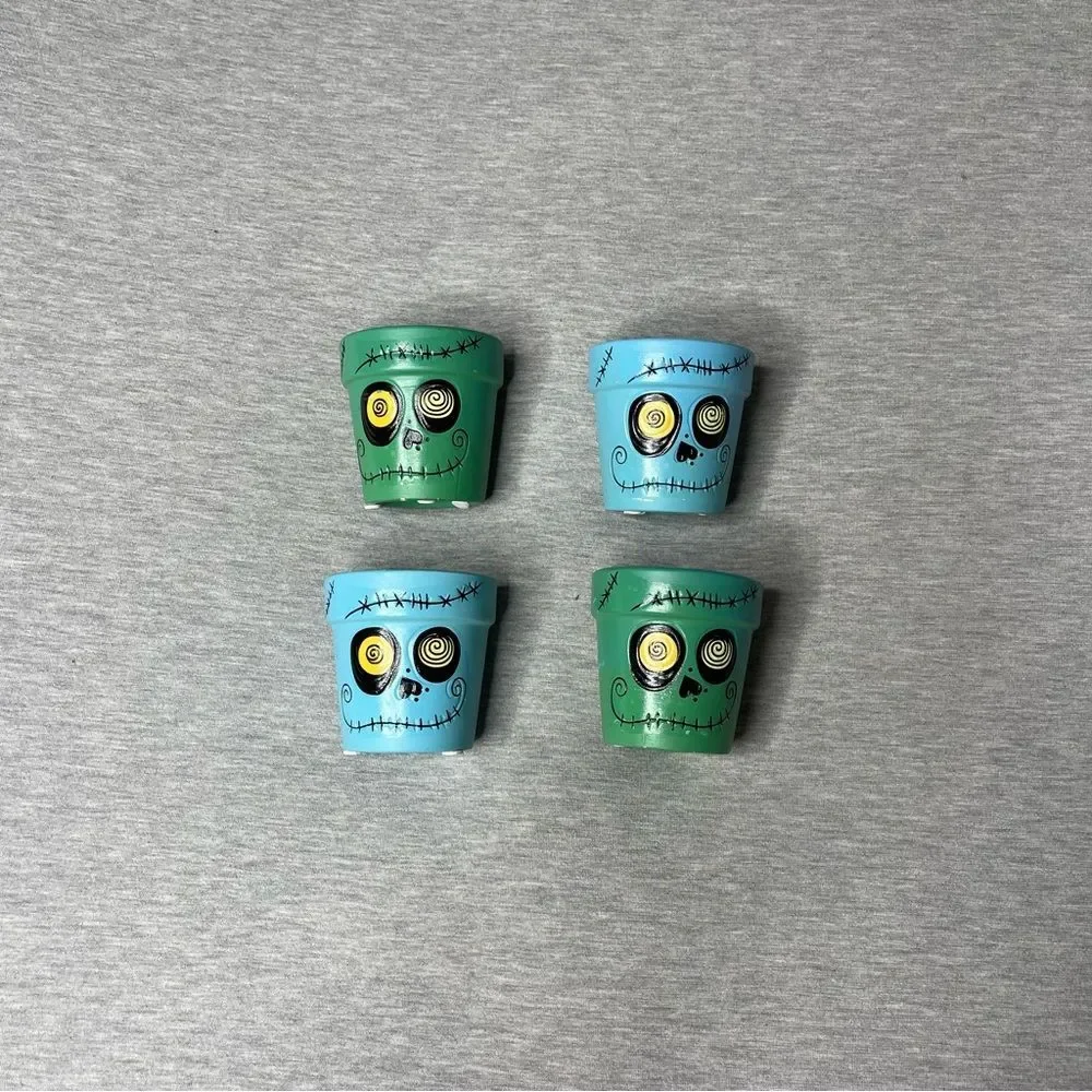 Target Blue & Green 3” Mini Round Halloween Skeleton Ceramic Pot 4 PCS. Set